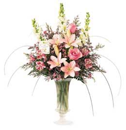 pedestal vase with Pink   Lilies Pink, Pink Roses, Pink Alstroemeria