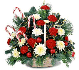 candy cane basket holiday arrangement with xmas greens, pine cones and xmas decorations